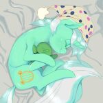  anon clothing cutie_mark embrace equid equine eyes_closed female feral friendship_is_magic green_body happy hasbro hat headgear headwear hi_res horn hug irurirue lyra_heartstrings_(mlp) mammal my_little_pony nightcap plushie sleeping smile solo unicorn 