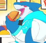  anthro blue_body blue_skin blush burger clothing eating fish food gills hoodie kimagu_02 male marine shark sharp_teeth smile solo teeth topwear 