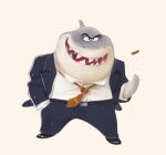  anthro bottomwear clothing concept_art dreamworks fish grey_body hi_res male marine money mr._shark_(the_bad_guys) necktie official_art overweight overweight_male pants shark shirt simple_background solo taylor_krahenbuhl the_bad_guys topwear 