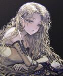  1girl black_background blonde_hair blue_eyes breasts celes_chere curly_hair detached_sleeves earrings final_fantasy final_fantasy_vi jewelry lips long_eyelashes long_hair looking_at_viewer simple_background solo takatora 