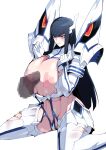  1boy 1girl absurdres black_hair blue_eyes blush breasts censored clenched_teeth collarbone covered_collarbone crack dark-skinned_male dark_skin disembodied_penis elbow_gloves gloves grey_background highres huge_breasts junketsu kill_la_kill kiryuuin_satsuki long_hair mosaic_censoring navel paizuri penis pink_lips pobotto simple_background sitting sweat teeth torn torn_clothes turtleneck wariza white_gloves white_legwear 