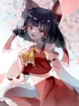  1girl absurdres ascot black_hair bow collar detached_sleeves hair_bow hakurei_reimu highres midriff_peek nontraditional_miko red_bow red_eyes red_shirt red_skirt ribbon-trimmed_sleeves ribbon_trim shirt skirt skirt_set smile solo suikario touhou white_collar yellow_ascot 