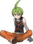  1boy aaron_(pokemon) ahoge bangs bare_arms belt black_shirt closed_mouth collarbone full_body green_eyes green_hair hair_between_eyes looking_at_viewer male_focus official_art orange_pants pants pokemon pokemon_(game) pokemon_dppt shirt shoes short_hair sleeveless sleeveless_shirt smile solo sugimori_ken transparent_background white_belt white_footwear 