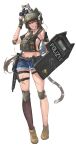  1girl absurdres animal_on_head armband bangs bare_shoulders binoculars breasts brown_footwear brown_hair brown_legwear bulletproof_vest cat cat_girl cat_on_head cat_tail denim denim_shorts elbow_pads fingerless_gloves full_body gloves gun hair_between_eyes helmet highres holding holding_shield knee_pads long_hair looking_at_viewer medium_breasts microphone midriff navel no_shirt on_head original police red_eyes riot_shield sawkm scar scar_on_leg shield short_shorts shorts sideboob simple_background single_thighhigh sketch solo standing submachine_gun sweat tail thigh_strap thighhighs thighs tongue tongue_out watch weapon white_background wristwatch 
