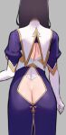  1girl ass ass_cutout ass_focus back back_cutout black_hair breasts clothing_cutout commentary dress elbow_gloves from_behind gloves highres long_dress long_hair no_panties nun ogre_(illustogre) original puffy_sleeves purple_dress simple_background solo standing unfinished white_gloves 