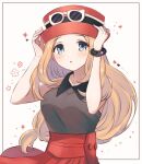  1girl :o blonde_hair blush collared_shirt commentary_request eyewear_on_headwear framed grey_eyes hands_on_headwear hat high-waist_skirt highres long_hair looking_at_viewer mega_ring nasakixoc pokemon pokemon_(game) pokemon_xy red_skirt serena_(pokemon) shirt skirt sleeveless sleeveless_shirt solo sunglasses white-framed_eyewear white_background 