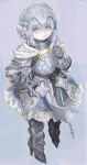  1girl absurdres armor armored_dress blue_dress braid buckle capelet closed_mouth dress frilled_dress frills full_body gauntlets greaves grey_background grey_eyes grey_hair grey_theme headpiece highres laeticia_(star_ocean) looking_at_viewer shiren_(ourboy83) short_hair solo standing star_ocean star_ocean_the_divine_force tabard white_capelet 