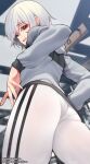  1girl absurdres ass bangs black_stripes eyebrows_visible_through_hair from_below highres hood hoodie jjune leggings looking_at_viewer original panties_under_leggings parted_lips red_eyes short_hair solo standing thighs white_hair white_hoodie white_legwear 