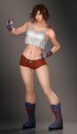  1girl 3d absurdres black_eyes boots brown_hair fingerless_gloves gloves hand_on_hip highres kazama_asuka looking_at_viewer open_clothes open_shorts red_shorts sabishikukage shadow shirt short_hair shorts solo solo_focus tekken white_shirt 