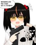  +++ 1girl :d bangs black_hair brown-tinted_eyewear brown_eyes collared_shirt ear_protection eyebrows_visible_through_hair grey_vest gun hair_between_eyes handgun highres holding holding_gun holding_weapon korean_text long_sleeves multicolored_hair nanju_bami original pistol safety_glasses shirt simple_background smile solo streaked_hair tinted_eyewear translation_request twintails upper_body vest weapon weapon_request white_background white_shirt 