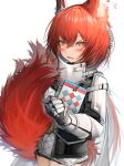  1girl absurdres animal_ears arknights armor eyebrows_visible_through_hair flametail_(arknights) gauntlets hair_between_eyes highres long_hair looking_at_viewer open_mouth red_hair simple_background solo tab_head tail tears wavy_mouth white_background 
