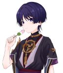  1boy absurdres dango eating food genshin_impact highres ij_xcm4o mitsudomoe_(shape) purple_eyes purple_hair red_eyeliner sanshoku_dango scaramouche_(genshin_impact) short_hair short_sleeves smile tomoe_(symbol) wagashi 