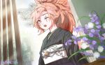  1girl almic1135 baiken facial_mark flower guilty_gear japanese_clothes kimono long_hair looking_at_viewer one-eyed open_mouth pink_eyes pink_hair ponytail purple_flower scar scar_across_eye solo_focus very_long_hair 