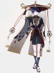  1boy absurdres adjusting_clothes adjusting_headwear armor bad_id bad_twitter_id black_shorts full_body genshin_impact hat highres ij_xcm4o japanese_armor japanese_clothes jingasa kote kurokote male_focus mitsudomoe_(shape) purple_eyes purple_hair scaramouche_(genshin_impact) short_hair short_sleeves shorts solo tomoe_(symbol) 