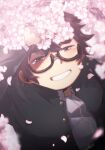  1boy bangs black_hair cherry_blossoms from_above furufumi_(housamo) gakuran half-closed_eyes highres kenetsu_sumi_(no_miso_crash) looking_at_viewer male_focus partially_unbuttoned petals plump school_uniform semi-rimless_eyewear short_hair smile solo tearing_up tears tokyo_afterschool_summoners upper_body vignetting 