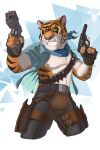  2022 absurd_res ammo_belt ammunition anthro bottomwear clothing dual_wielding felid fur gradient_background gun hi_res holding_object holding_weapon leo-artis male mammal muscular muscular_anthro muscular_male pantherine pants ranged_weapon simple_background solo striped_body striped_fur stripes teenage_mutant_ninja_turtles teeth tiger tiger_claw triangle_(shape) weapon white_background 
