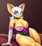  2022 anthro areola areola_slip astraldog big_breasts breasts chiropteran choker clothing curvy_figure eyelashes female gloves handwear hi_res jewelry looking_at_viewer mammal necklace rouge_the_bat sega sitting solo sonic_the_hedgehog_(series) thick_thighs voluptuous 