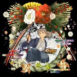  1boy absurdres brown_hair commentary dark-skinned_male dark_skin egasumi flower hakama haori haori_himo highres japanese_clothes kidomh63 kimono leaf looking_at_viewer male_focus maple_leaf musashi_(housamo) omelet osechi pinwheel ponytail shimekazari tabi tamagoyaki thick_eyebrows tokyo_afterschool_summoners 