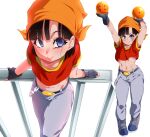  1girl arms_up bandana belt black_hair blue_eyes chain closed_mouth dragon_ball dragon_ball_(object) dragon_ball_gt fingerless_gloves flat_chest gloves grey_pants highres light_blush looking_at_viewer midriff multiple_views navel orange_bandana pan_(dragon_ball) pants red_shirt rom_(20) shirt simple_background smile white_background 