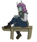  anthro blue_body blue_eyes blue_skin boots clothed clothing colored_sketch dinosaur erika_(gvh) facial_horn female footwear goodbye_volcano_high hair hand_on_knee hand_on_leg horn humanoid looking_at_viewer mammal purple_hair reptile scalie simple_background sitting sketch snoot_game_(fan_game) solo unknown_artist white_background 