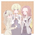  3girls artist_name backpack bag black_ribbon blonde_hair blue_dress blue_eyes blue_overalls border brown_eyes bubble_tea casual closed_eyes closed_mouth commentary cup disposable_cup dress drinking_straw eyebrows_visible_through_hair girls_und_panzer grey_dress grey_hoodie hair_ribbon holding holding_cup hood hood_down hoodie itsumip light_brown_hair long_sleeves looking_at_another multiple_girls open_clothes open_hoodie open_mouth orange_background outline outside_border overall_shorts overalls parted_lips polka_dot polka_dot_background red_hair ribbon rosehip_(girls_und_panzer) shimada_arisu shirt signature smile standing sweater sweater_dress turtleneck_dress white_border white_outline white_shirt youko_(girls_und_panzer) 