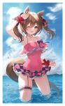  1girl animal_ears arm_up armpits bangs bare_shoulders blush border bow breasts brown_hair casual_one-piece_swimsuit cloud collarbone covered_navel etesumsom hair_bow highres horizon horse_ears horse_girl horse_tail leg_garter looking_at_viewer medium_breasts medium_hair mountain ocean one-piece_swimsuit one_eye_closed open_mouth pink_swimsuit shading_eyes smart_falcon_(umamusume) smile solo swimsuit tail teeth twintails umamusume upper_teeth wading water water_drop white_border wrist_cuffs 