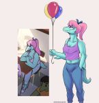  anthro aurora_(gvh) balloon blue_body blue_eyes blue_skin clothed clothing deadassspider dinosaur female goodbye_volcano_high hair hi_res humanoid inflatable looking_up pink_hair reptile scalie screencap simple_background small_tail snoot_game_(fan_game) solo video_games 