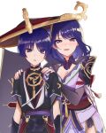  1boy 1girl absurdres armor bad_id bad_twitter_id blush breasts cleavage flower genshin_impact hair_flower hair_ornament hat highres ij_xcm4o japanese_armor japanese_clothes jingasa kimono kote kurokote mitsudomoe_(shape) mole mole_under_eye nail_polish obijime parted_lips purple_eyes purple_hair purple_kimono purple_nails raiden_shogun scaramouche_(genshin_impact) short_hair short_sleeves smile tomoe_(symbol) 