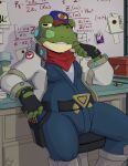  amphibian anthro clothed clothing female frog green_body green_skin hi_res nintendo sitting slippy_toad solo star_fox toad_(frog) video_games yawg 