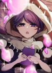 1girl bangs blob blurry blurry_foreground book breasts chestnut_mouth depth_of_field doremy_sweet dream_soul dress eyebrows_visible_through_hair half-closed_eyes highres holding holding_book hood ishikawa_sparerib looking_at_viewer open_book open_mouth purple_eyes purple_hair short_hair solo sparkle sparkle_background swept_bangs touhou upper_body 
