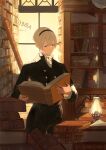  1boy absurdres ai-wa blonde_hair book bookshelf bookstore european_clothes fire_emblem fire_emblem_fates formal highres holding holding_book indoors ladder leo_(fire_emblem) oil_lamp purple_eyes reading shop short_hair solo suit 