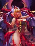  1girl absurdres ahoge animal_ears bangs bare_shoulders blonde_hair breasts claws cleavage eclipse fate/grand_order fate/grand_order_arcade fate_(series) hair_intakes highres kankitsurui_(house_of_citrus) large_breasts long_hair looking_at_viewer navel nero_claudius_(fate) open_mouth queen_draco_(beast_vi/s)_(fate) queen_draco_(fate) red_eyes smile solo tail thighs 