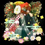  1boy absurdres bara black_eyes brown_hair checkered commentary egasumi facepaint flower hagoita hakama hane_(hanetsuki) hanetsuki haori haori_himo highres holding japanese_clothes kidomh63 kimono kurogane_(housamo) looking_at_viewer male_focus muscular muscular_male new_year open_mouth paddle shimekazari short_hair sideburns smile solo tabi thick_eyebrows tokyo_afterschool_summoners 