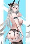  1girl absurdres alternate_costume arknights ass back backless_outfit black_legwear black_panties blush breasts butt_crack chinese_commentary cowboy_shot demon_horns from_side garter_belt garter_straps grey_hair grey_sweater hand_in_own_hair highres horns infection_monitor_(arknights) jewelry large_breasts light_blue_background long_hair looking_at_viewer meme_attire mudrock_(arknights) no_bra panties parted_lips petals pinky_ring pointy_ears red_eyes ribbed_sweater ring sabou_san-shitsu_kokoro sideboob simple_background solo standing sweater thighhighs thong underwear very_long_hair virgin_killer_sweater wind 