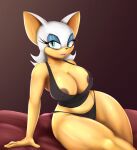  2022 anthro areola areola_slip astraldog big_breasts breasts chiropteran cleavage clothed clothing crop_top curvy_figure eyelashes female hi_res looking_at_viewer mammal nipple_outline panties rouge_the_bat sega shirt sitting solo sonic_the_hedgehog_(series) thick_thighs topwear underwear voluptuous 
