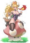  1girl armlet black_footwear black_legwear black_leotard blonde_hair bosstseng bowsette bracelet breasts breathing_fire collar earrings fire high_heels horns jewelry large_breasts leotard long_hair mario_(series) new_super_mario_bros._u_deluxe nintendo pointy_ears sharp_teeth solo spiked_armlet spiked_bracelet spiked_collar spiked_shell spiked_tail spikes strapless strapless_leotard super_crown tail teeth thighhighs turtle_shell 