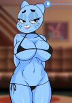  2020 absurd_res anthro big_breasts bikini blue_body breasts cartoon_network clothing domestic_cat felid feline felis female furniture hi_res inside mammal nicole_watterson pink_nose raydonxd sofa solo swimwear text the_amazing_world_of_gumball url 