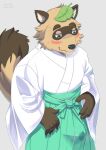  anthro asian_clothing ayase4205913 blush bodily_fluids bottomwear canid canine clothed clothing east_asian_clothing erection erection_under_clothing genital_fluids hakama hi_res humanoid japanese_clothing kemono kimono male mammal precum raccoon_dog solo tanuki tenting wet wet_clothing 