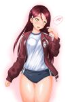  1girl buruma character_name check_commentary cocoa_(cocoa0191) commentary_request cowboy_shot gym_shirt gym_uniform hand_to_own_mouth hand_up head_tilt jacket long_hair looking_at_viewer love_live! love_live!_sunshine!! name_tag nervous open_clothes open_jacket red_background red_hair red_jacket sakurauchi_riko shiny shiny_skin shirt shirt_tucked_in single_bang solo spoken_blush sweatdrop thigh_gap thighs track_jacket white_shirt yellow_eyes 