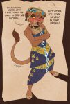  2022 african african_clothing anthro blue_eyes clothing crossed_arms disney dress embarrassed female hi_res scottytheman solo standing the_lion_king vitani yellow_sclera 