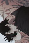  2boys bangs black_hair black_shirt blush breath closed_eyes clothed_sex commentary_request fushiguro_megumi fushirun_rung highres implied_sex jacket jujutsu_kaisen long_sleeves male_focus moaning multiple_boys okkotsu_yuuta open_clothes prone_bone shirt short_hair sideways spiked_hair sweat yaoi 