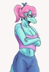 anthro aurora_(gvh) bandage blue_body blue_eyes clothed clothing crossed_arms deadassspider dinosaur female goodbye_volcano_high hair hi_res humanoid pink_hair pouting reptile scalie simple_background snoot_game_(fan_game) solo video_games 