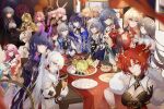  6+girls absurdres akashin alcohol animal_ears back bangs bare_shoulders bianka_durandal_ataegina bianka_durandal_ataegina_(bright_knight:_excelsis) black_bodysuit black_choker black_gloves black_hair blonde_hair blue_eyes blue_hair bodysuit bow breasts bronya_zaychik bronya_zaychik_(haxxor_bunny) cabbage carole_peppers chair china_dress chinese_clothes chinese_new_year choker cleavage closed_mouth company_connection crossover crown cup dark-skinned_female dark_skin dress drinking_glass dual_wielding dumpling earrings elf elysia_(honkai_impact) fischl_(genshin_impact) flower food fox_ears fu_hua fu_hua_(azure_empyrea) fu_hua_(herrscher_of_sentience) genshin_impact gloves green_eyes green_hair grey_eyes grey_hair hair_bun hair_flower hair_ornament hair_over_one_eye highres holding holding_cup honkai_(series) honkai_impact_3rd horns indoors jewelry juice kallen_kaslana_(sixth_serenade) kiana_kaslana kiana_kaslana_(divine_prayer) liliya_olenyeva long_hair looking_at_viewer mihoyo_technology_(shanghai)_co._ltd. mobius_(honkai_impact) multiple_girls murata_himeko murata_himeko_(vermillion_knight) neon_genesis_evangelion ninja one_eye_closed open_mouth orange_hair pink_hair pointy_ears ponytail purple_eyes purple_hair raven_(honkai_impact) red_bow red_dress red_eyes red_gloves red_hair rita_rossweisse rita_rossweisse_(umbral_rose) rozaliya_olenyeva seele_(alter_ego) seele_vollerei seele_vollerei_(stygian_nymph) short_hair shrimp siblings single_earring sleeveless sleeveless_dress smile souryuu_asuka_langley table theresa_apocalypse theresa_apocalypse_(starlit_astrologos) twins twintails white_dress white_flower white_hair wine wine_glass yae_kasumi yae_sakura yae_sakura_(darkbolt_jonin) yellow_eyes zhuge_kongming_(honkai_impact) 