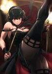  1girl bangs black_gloves black_hair blood blood_on_weapon blurry blurry_background breasts choker closed_mouth commentary_request dagger dress earrings eyelashes fingerless_gloves fingernails gloves gold_earrings gold_hairband gold_headband highres holding holding_dagger holding_weapon jewelry kicking_at_viewer knife leg_up looking_at_viewer medium_breasts mikel_(4hands) red_eyes rose_hair_ornament serious shiny shiny_hair short_hair_with_long_locks sidelocks solo spy_x_family standing standing_on_one_leg thighhighs two-sided_dress two-sided_fabric v-shaped_eyebrows weapon yor_briar zettai_ryouiki 