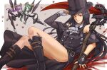  1other 2girls androgynous ascot asymmetrical_sleeves black_hair boots buttons commentary_request demon_girl fingerless_gloves gloves guilty_gear hat highres horns long_hair looking_at_viewer mitsumachi_senji multiple_girls red_eyes scythe succubus_familiar testament_(guilty_gear) top_hat 