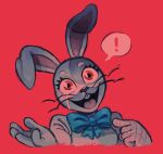  2022 anthro bodily_fluids bow_tie buckteeth clothing costume crying digital_drawing_(artwork) digital_media_(artwork) exclamation_point eyebrows eyelashes female five_nights_at_freddy&#039;s five_nights_at_freddy&#039;s:_security_breach floppy_ears fursuit gesture hi_res lagomorph leporid looking_at_viewer mammal open_mouth open_smile patch_(fabric) pointing rabbit raised_arm red_background red_eyes runny_nose scottgames simple_background skylordlysander smile solo stitch_(sewing) tears teeth tongue vanny_(fnaf) video_games whiskers white_body 