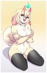  2022 5_fingers anthro biped black_eyes blonde_hair border breasts canid canine canis chest_tuft cleavage clothed clothing demon digital_drawing_(artwork) digital_media_(artwork) domestic_dog eyebrows eyelashes female fingers floppy_ears fluffy fluffy_tail front_view fur genitals gradient_background hair hi_res horn kneeling legwear long_ears long_hair mammal mostly_nude multicolored_body multicolored_fur navel open_mouth open_smile pink_ears pink_horn pink_tongue pinup pose purple_eyebrows pussy red_nose shadow signature simple_background smile solo stockings thigh_highs tongue tuft two_tone_body two_tone_fur two_tone_tail white_body white_border white_fur white_tail yellow_background yellow_body yellow_fur yellow_tail zeekzag 