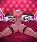  1girl absurdres ahoge animal_print anus ass back chiden fishnet_legwear fishnets heart_bed highres nonohara_yuzuko pink_hair pussy_juice_stain short_hair solo thighhighs thong yuyushiki zebra_print 