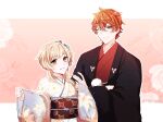  1boy 1girl annerica artist_name black_kimono blonde_hair blue_eyes crossed_arms floral_background floral_print flower genshin_impact hair_flower hair_ornament highres japanese_clothes kimono looking_at_viewer lumine_(genshin_impact) one_eye_closed orange_hair parted_lips short_hair smile tartaglia_(genshin_impact) upper_body yellow_eyes 