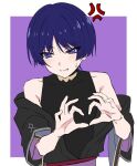  1boy anger_vein bad_id bad_twitter_id blush border eyeliner genshin_impact heart heart_hands highres ij_xcm4o japanese_clothes makeup male_focus moe_moe_kyun! purple_eyes purple_hair red_eyeliner scaramouche_(genshin_impact) short_hair sleeveless smile solo sweat white_border 